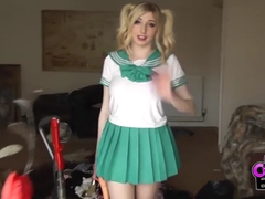 NastyAdult.info presents: Costume babe in a miniskirt fucks a toy outdoors