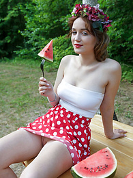 NastyAdult.info presents: Nice belarusian stunner Rokki removes all clothes on a blanket in a backyard